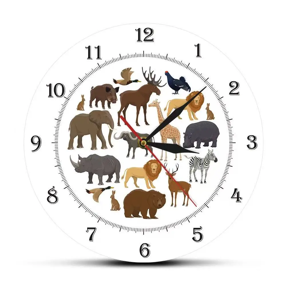 Jungle Animals Silent Quartz Wall Clock Safari Wildlife Decor for Kids Bedroom Nursery Playroom Educational Gift for Boys & Girl