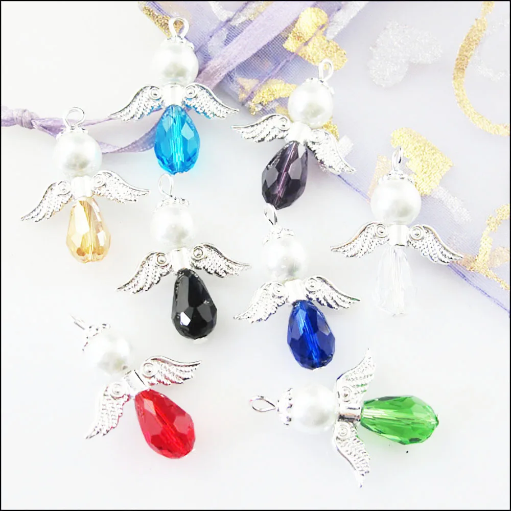 8Pcs New Charms  Tibetan Silver Color Mixed Crystal Acrylic Angel Wings Pendants DIY J049
