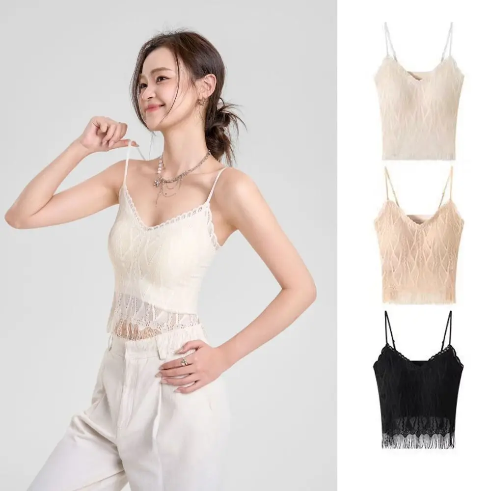 Camisola ajustada de malla de encaje con borlas, Top corto de encaje sin costuras sin mangas, chaleco con tirantes finos en V profundo con almohadillas para primavera y verano