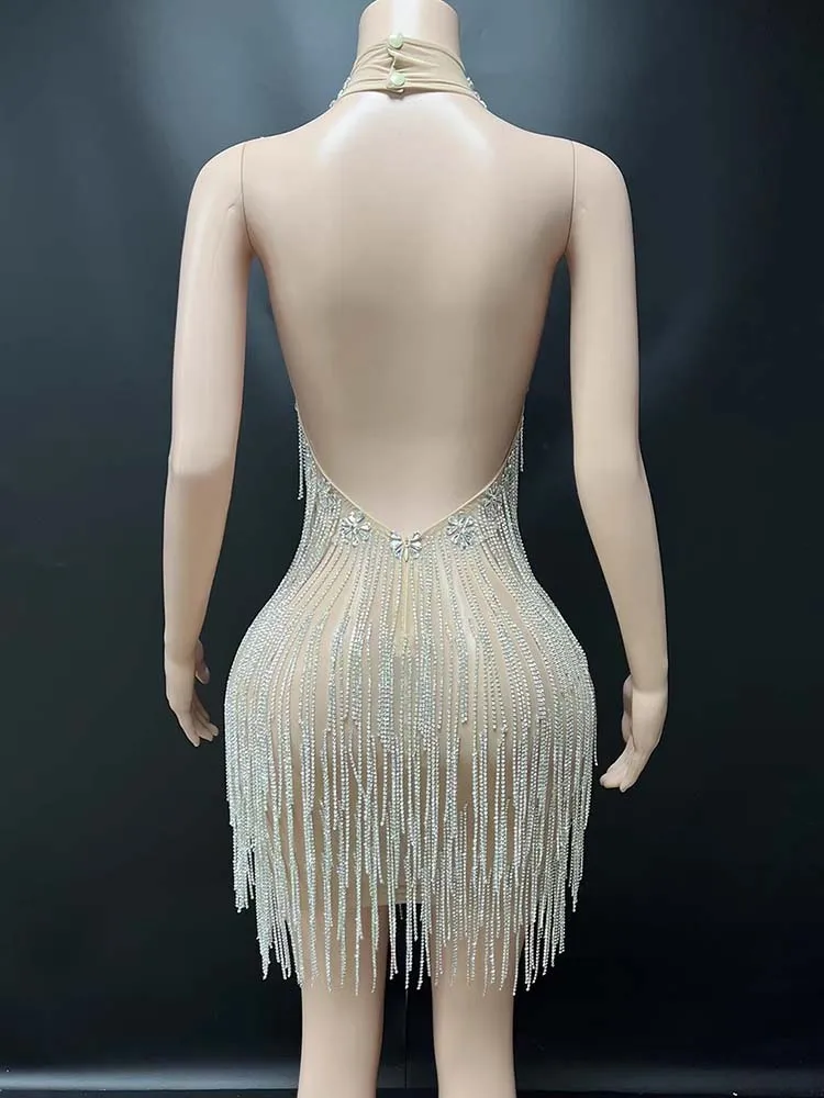 ชุดเดรสตาข่ายเซ็กซี่ประดับพู่ห้อยคอ ปั๊มร้อนคุณภาพสูง แฟชั่นใหม่ปี 2025 เสื้อผ้าผู้หญิงสั่งทำพิเศษ