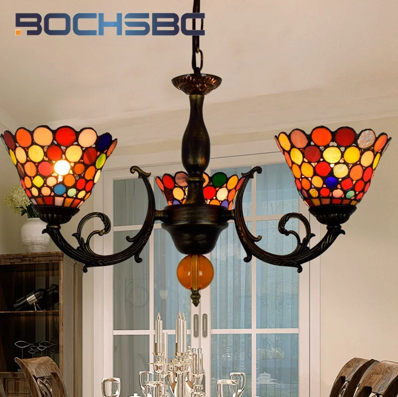 BOCHSBC Tiffany stained glass Creative Dazzling 3 chandelier Retro Garden bar Restaurant bedroom aisle LED decor Pendant lamp