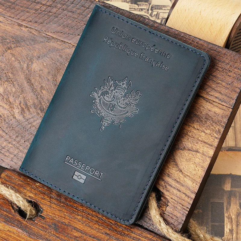 French Passport Holder Document Holder Layer Cowhide Vintage Boarding Card Leather Wallet Card Bag