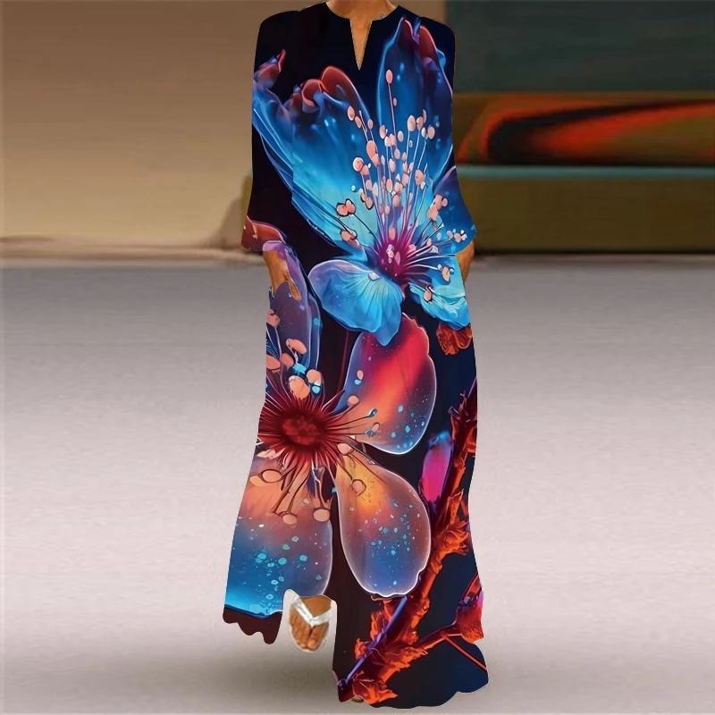 Fashion Butterfly Printed Long Summer Thin dress Pocket Sexy V-neck Long Sleeve Dresses Women Party Ankle-Length Vintage Pocket