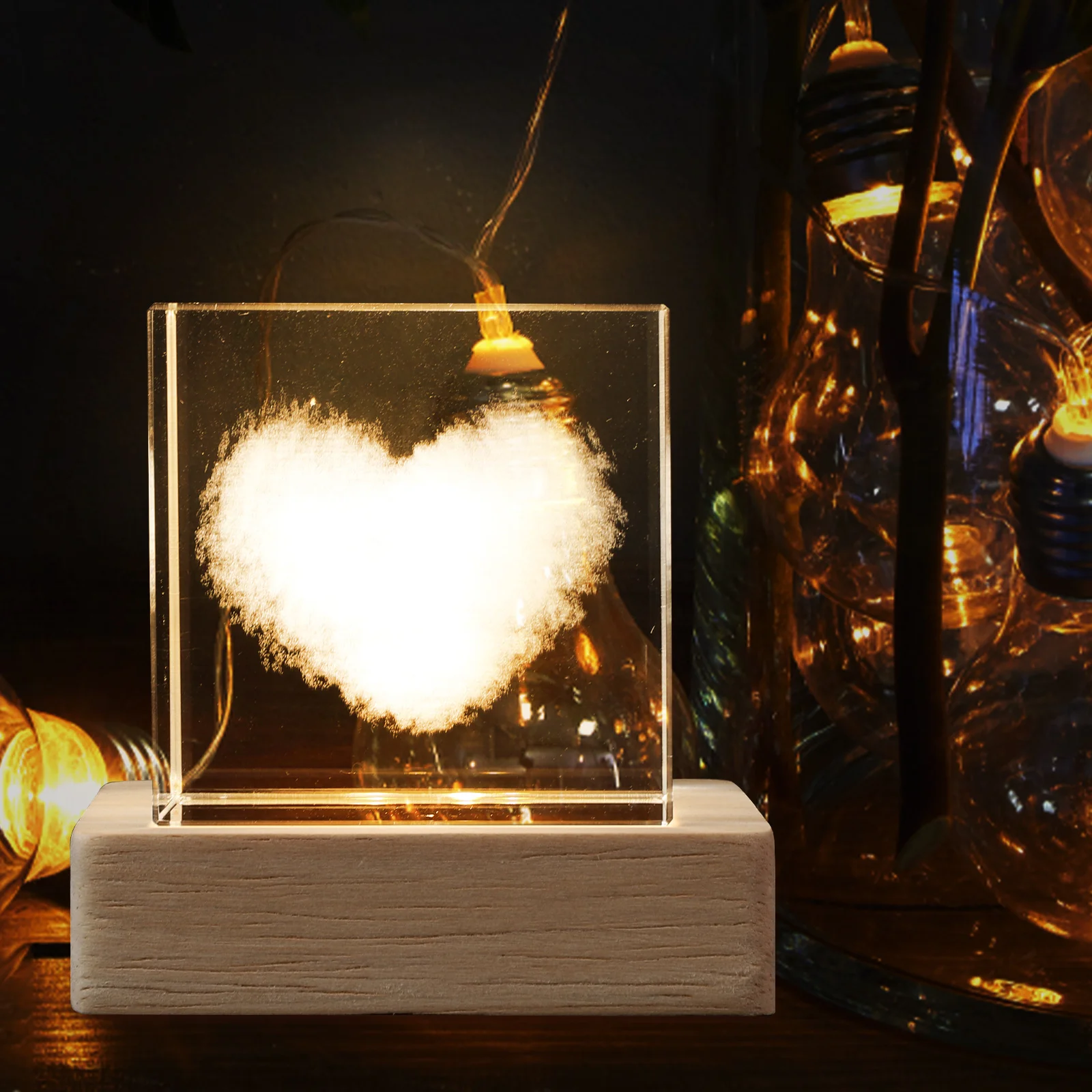 

Crystal Ball Night Light Wooden Base Bedroom Decor Glowing Cube Lamp Heart Gift Festival Present Home Table Child