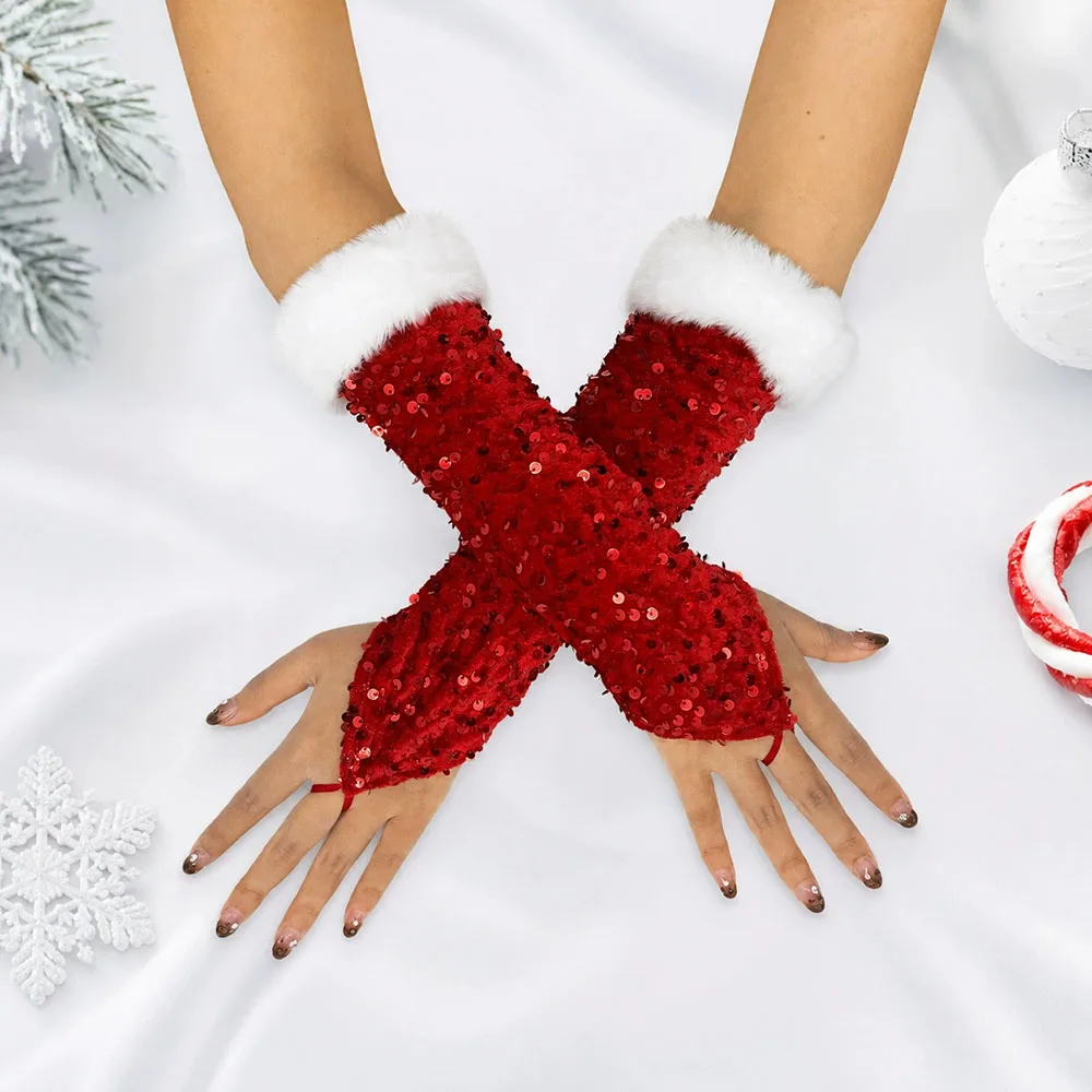 A Large Red Christmas Fuzzy Hook Finger Exposed Finger Holiday Decoration Glove With Shiny Sequin Clothing Performance Glove