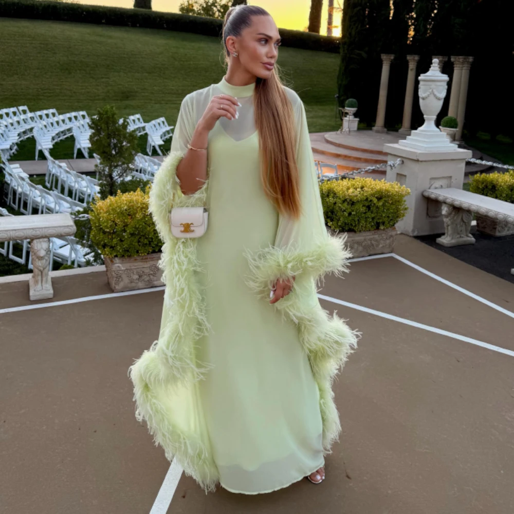 Graceful High Collar Evening Dress  See Through Green Chiffon Party Dresses Temperament Long Sleeves Feathers Celebrity Gowns