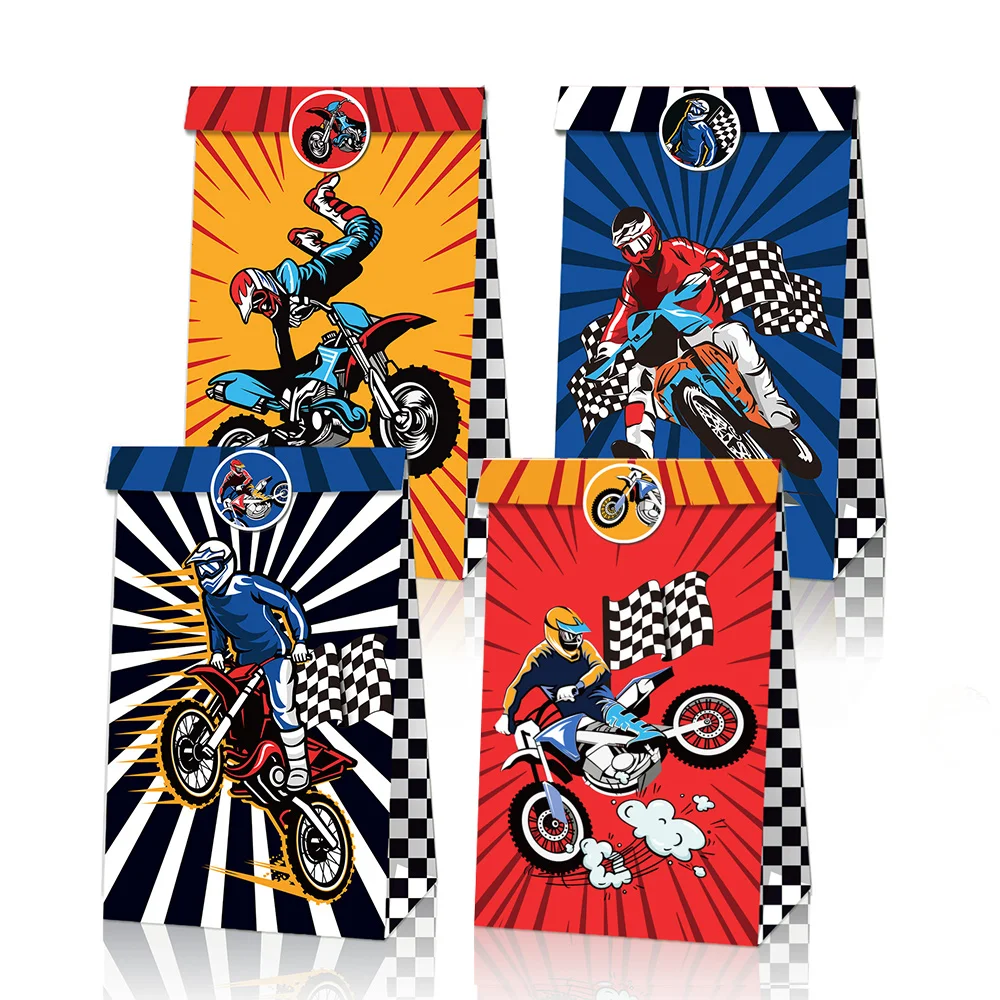 12 Pack Dirt Bike Paper Bag Motorcycle Party Favor Motorc Theme Boy Birthday Baby Shower Gift Snack Candy Bag Party Supplies