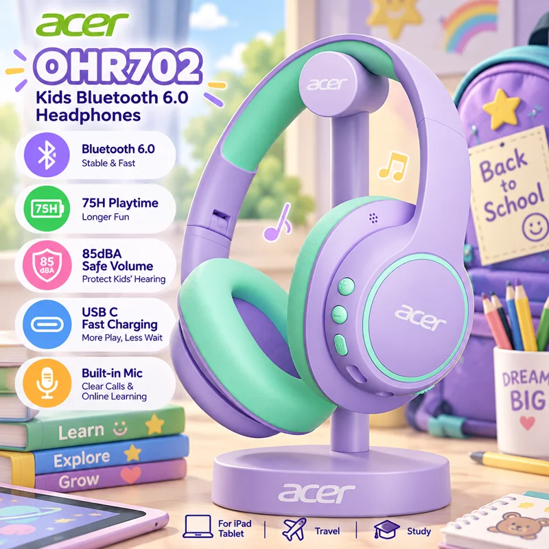 Acer Kinder Bluetooth 6.0 Kopfhörer Over-Ear Headsets mit Mikrofon 75 Stunden Spielzeit 85dBA Sichere Lautstärke USB-C Schnellladung für iPad Tablet