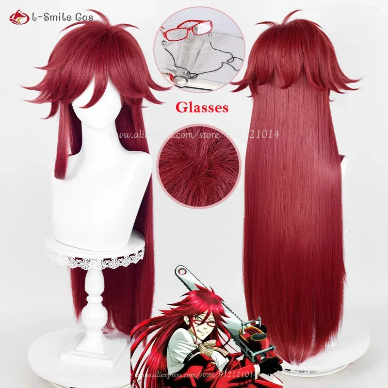 2025 أنيمي Kuroshitsuji Grell Sutcliff تأثيري 90 سنتيمتر الأحمر الداكن الباروكات مقاومة للحرارة الاصطناعية الشعر هالوين + غطاء شعر مستعار