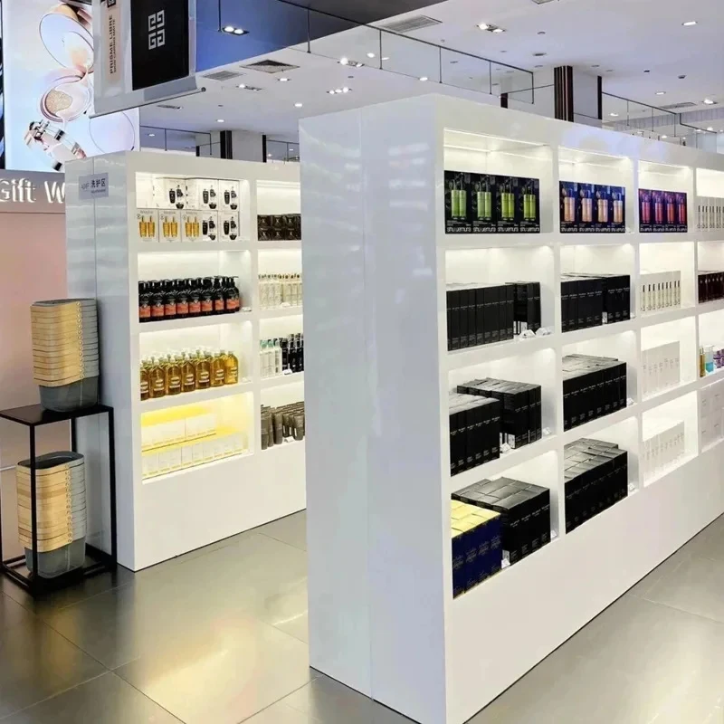 custom.Customized White Wooden Cosmetic Display Cabinet with Storage Rack Baking Paint Middle Island Design