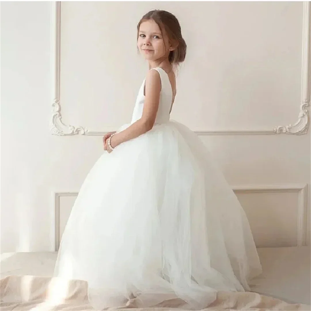 Flower Girls Satin Tulle Princess Pageant Dress for Wedding Kids Pearls Prom Ball Gowns with Bow-Knot Flower Girl Dresses