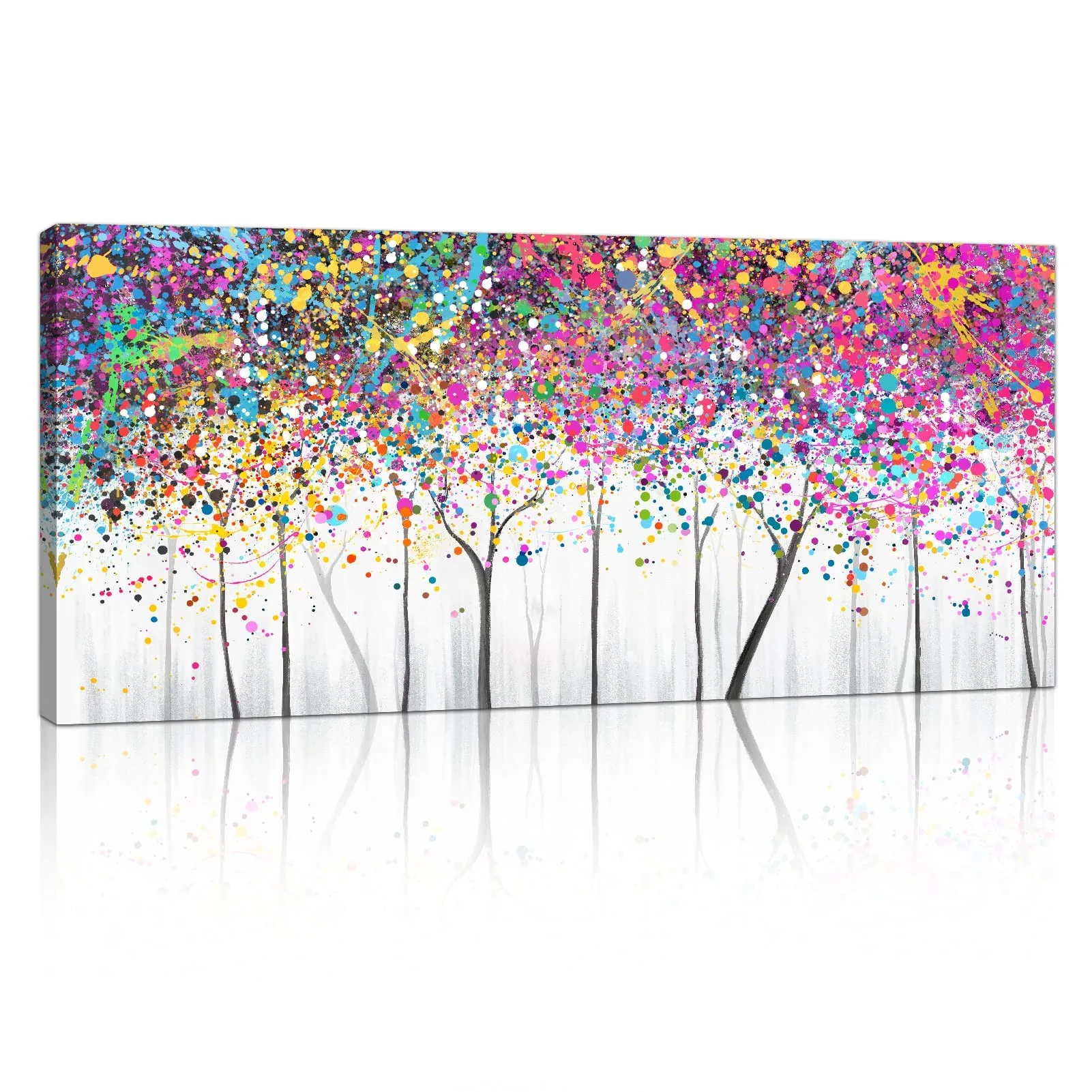 Canvas schilderij abstract groot kleurrijk verfgebruikt boommotief 120x50 cm - woonkamer wanddecoratie, moderne canvas schilderijen, grootformaat wandkunst, schilderij boven de bank, abstractie op