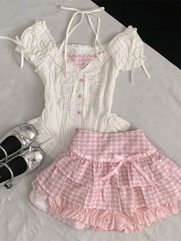 

Summer Japanese Sweet Cute Women Outfits Bubble Sleeve Top + Pink Plaid Cake Skirt Harajuku Pure Desire Slim Two Piece Sets 2025