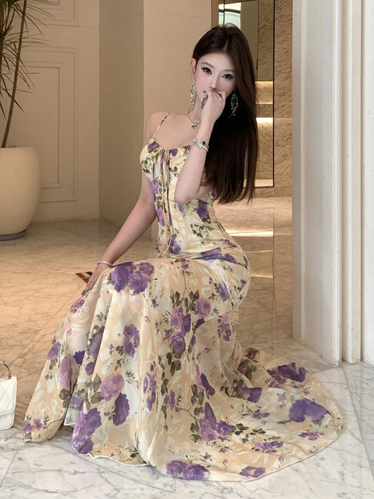 ผู้หญิงเสื้อผ้าวันหยุดดอกไม้หวานพิมพ์เซ็กซี่สลิง Slim Maxi ยาว Fishtail ชุด Elegant Lady แฟชั่น Party Prom Vestidos Robe