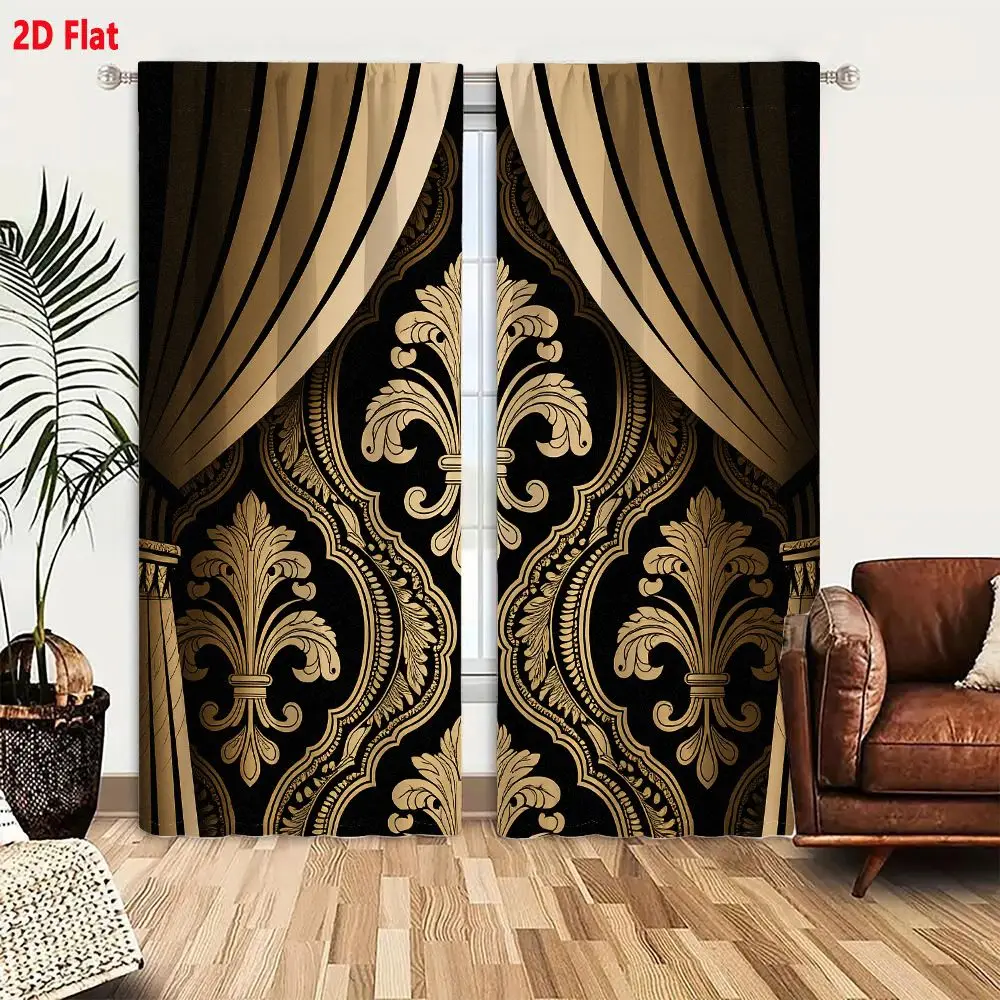 2Pcs Curtains 2D Flat Elegant Black And Gold Damask Wall With Fleur De Lis Pattern For Luxury Theater Backdrop Window Drapes for