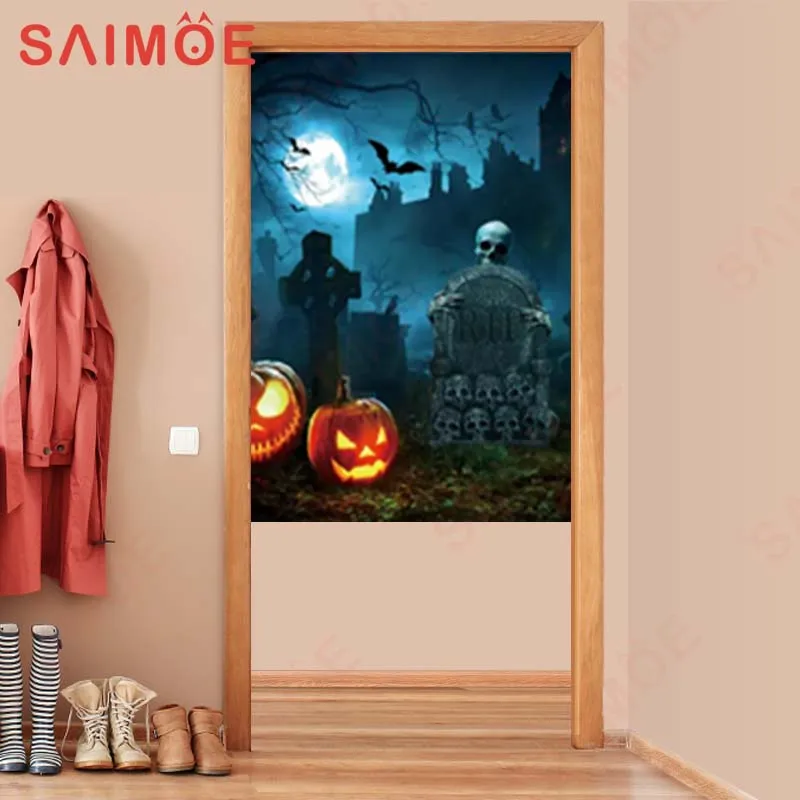 Halloween Moon Night Scary Cemetery Pumpkin Lantern Door Curtain Noren Bedroom Kitchen Livingroom Home Decoration Accessories