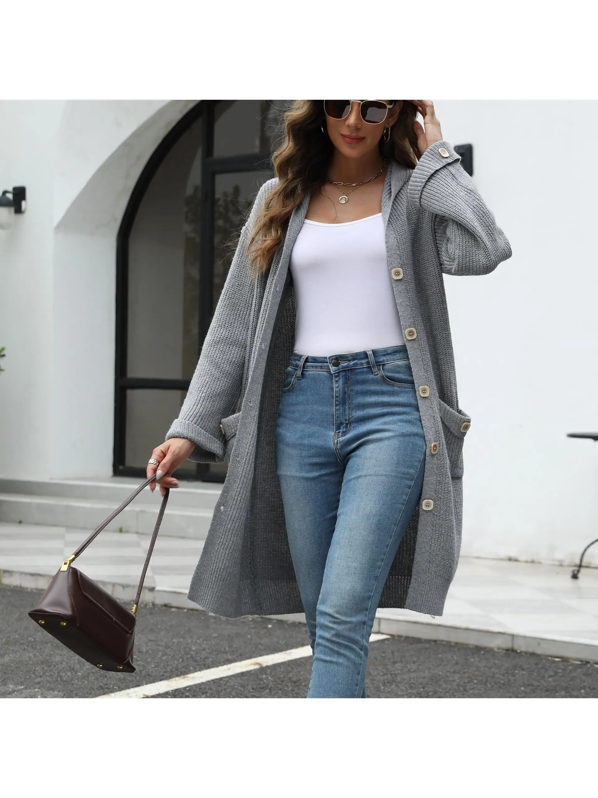 

Женский вязаный открытый кардиган с v-образным вырезом, свободный длинный свитер однотонного цвета свека, весенне-осенний модный повседневный удобный крой