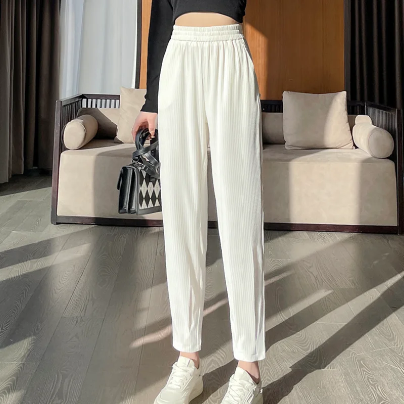 2024 New Summer Sports Casual Loose Plus Oversize Versatile Fashion Elastic Waist Pit Stripe Ice Silk Haren Pants for Women