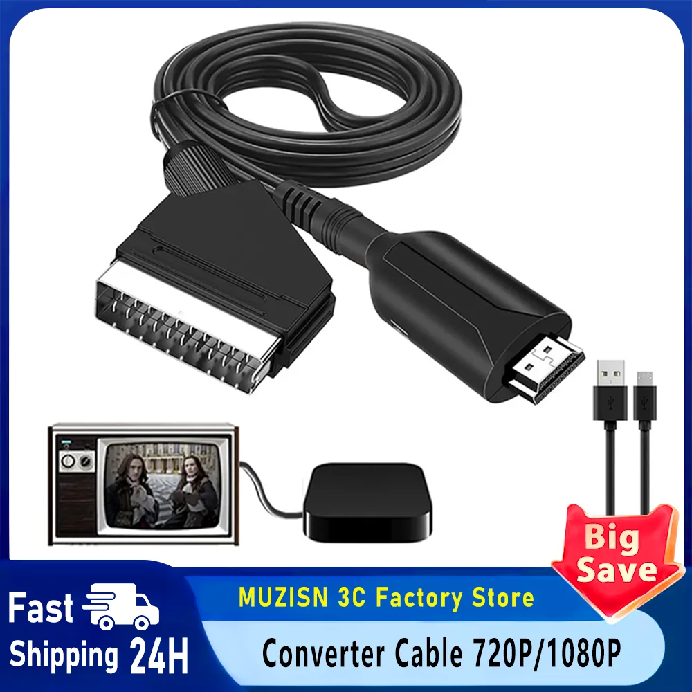 

SCART to HDMI-compatible Converter Cable 720P/1080P Switch SCART in HD out Video Audio Converter Adapter，for Sky Box STB Plug