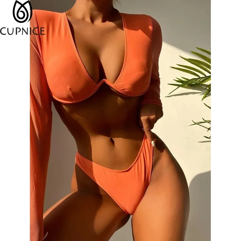 Long Sleeve Cleavage Wire Two Pieces Bikini Sets Women Sexy Patchwork or Orange Push Up Hipster Bikinis image 4