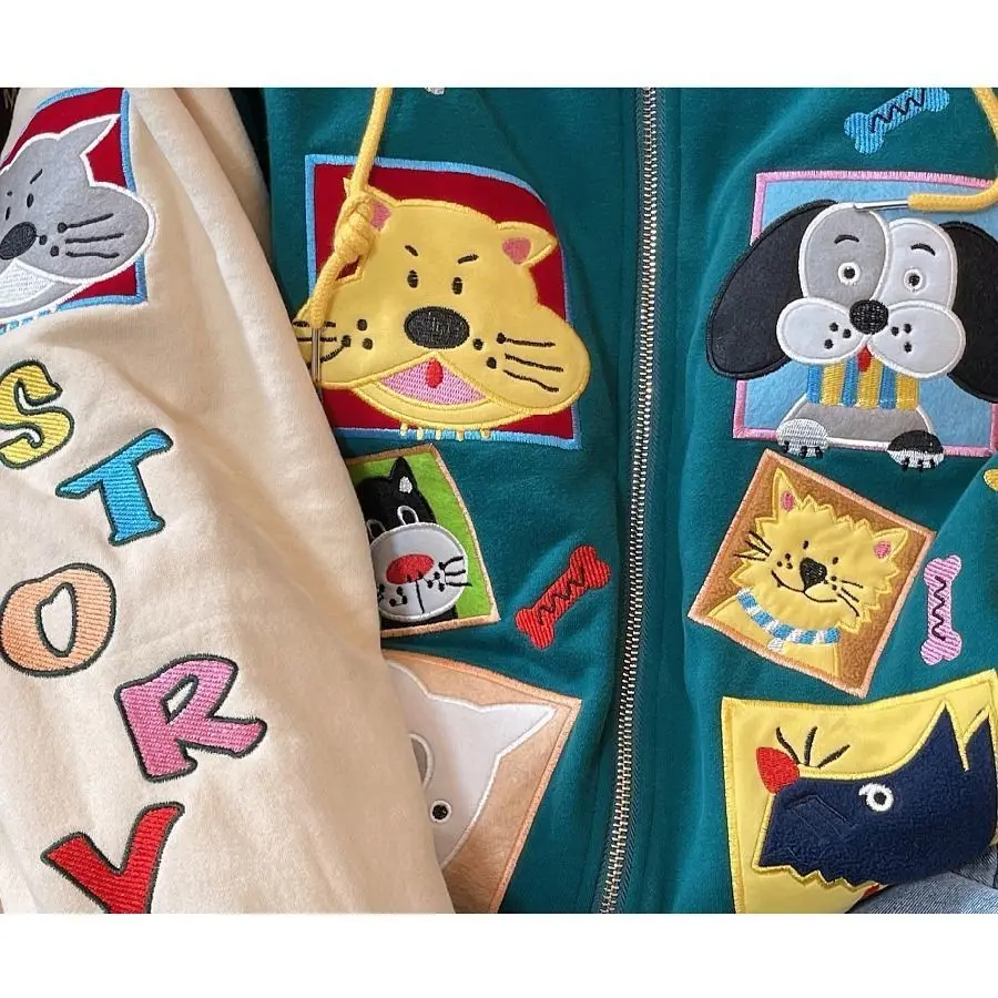 Luxury Childlike Zoo Animal Embroidery Cute Sweatshirt Zip Up Hoodies Coats Oversized Kawaii Teens Clothes 2022 Spring Harajuku