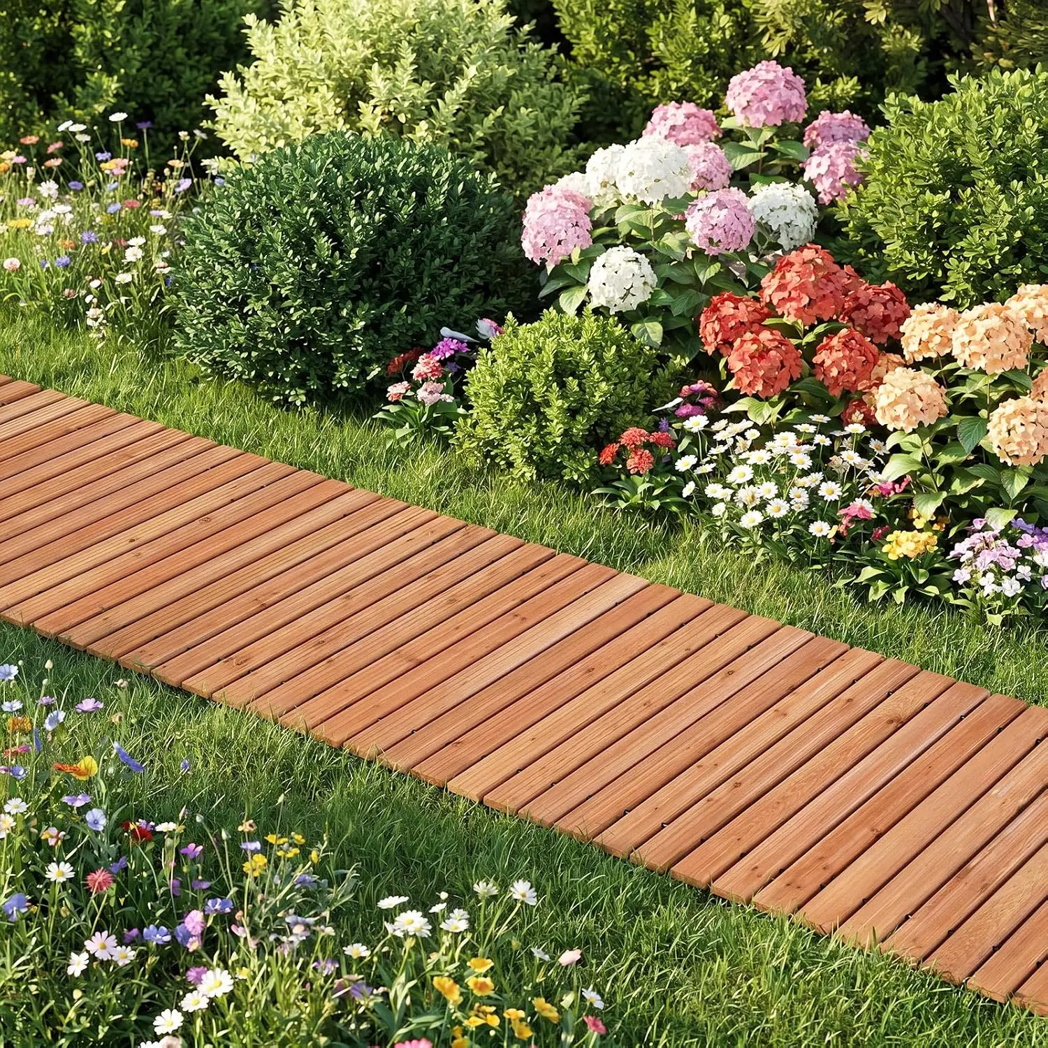Wooden Garden Pathway, 8ft Roll Out Walkway 22 inch Wide, No Assembly Required, Outdoor Decorative Boardwalk, Customized