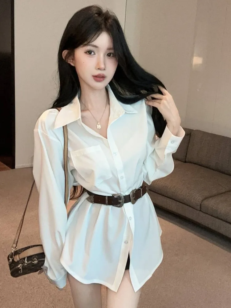 

Loose Long Sleeve Neck Shirt Women's Autumn New Style Belted Mid-Length Casual Fashion Korean Version Straight Cut