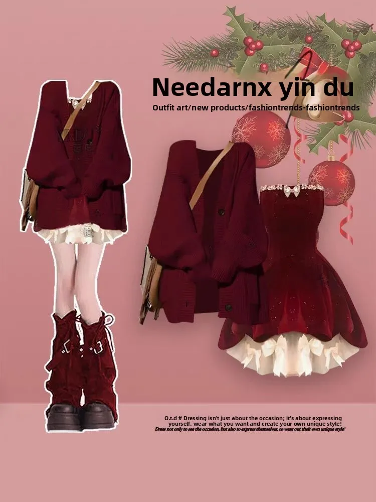 

Red Soft Knitted Open Cardigan Women's Autumn Winter Lazy Sle Sweater Coat Tube Dr Set Waist Inward Long Sve Cotton Suit