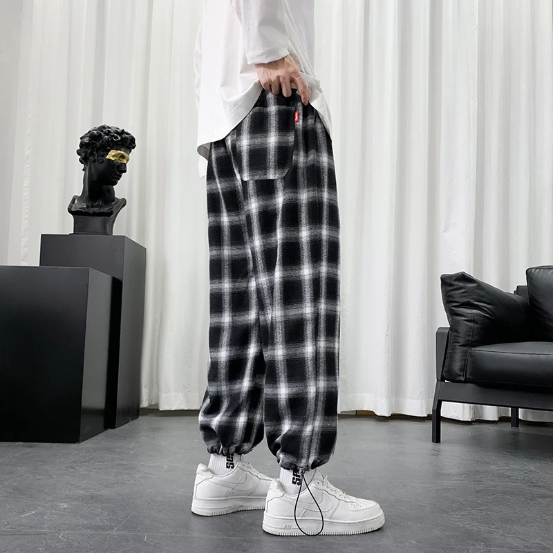 Summer Plaid Pants Men Loose Fit Cotton Casual Pants Lightweight Oversized Baggy Sweatpants Drawstring Straight Harem Trousers