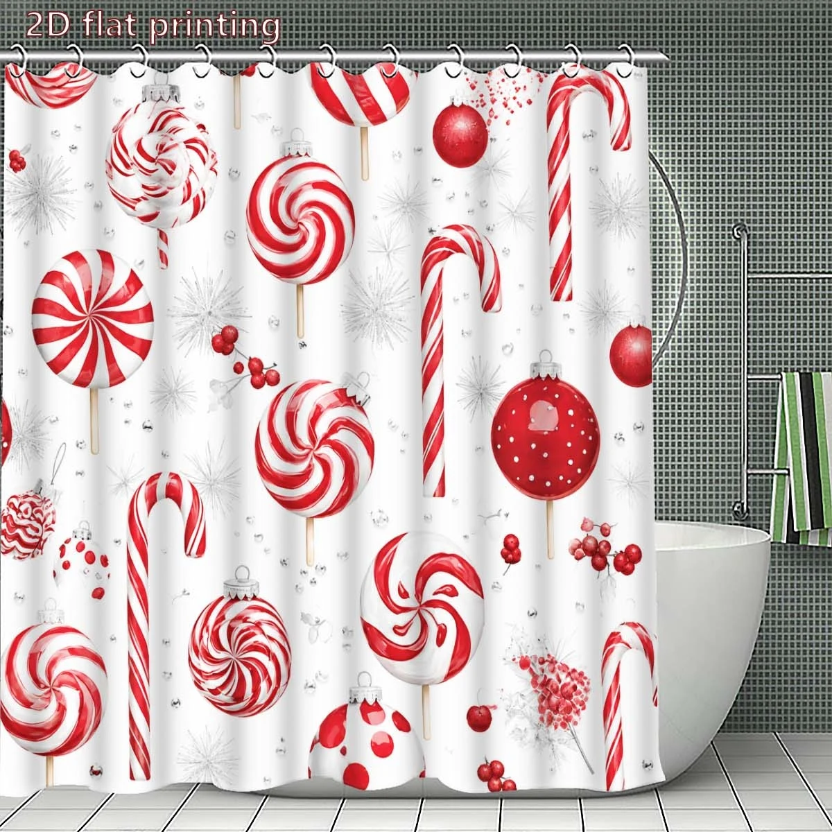 2D Flat, (2D) 1pc Christmas Shower Curtain, Premium Red Background with White Snowflakes and Candy Cane Print, Bathroom Decor, S
