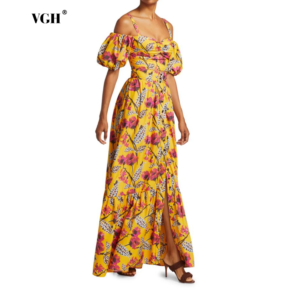 

VGH Elegant Printing Two Piece Set for Women Square Collar Short Sleeve Top High Waist Split A Line Skirt Sexy Outfit Female New