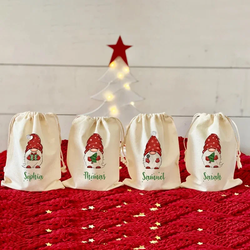 

4pcs Personalized Custom Gnomes Bags Kid Boy Girl Christmas Treat Merry Xmas Eve Holiday Gift Present Stocking Stuffer Filler