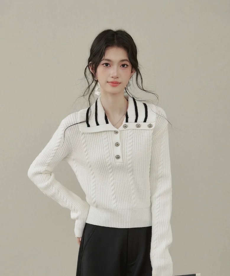 College style white lapel long-sleeved cashmere sweater sweater women's autumn coat