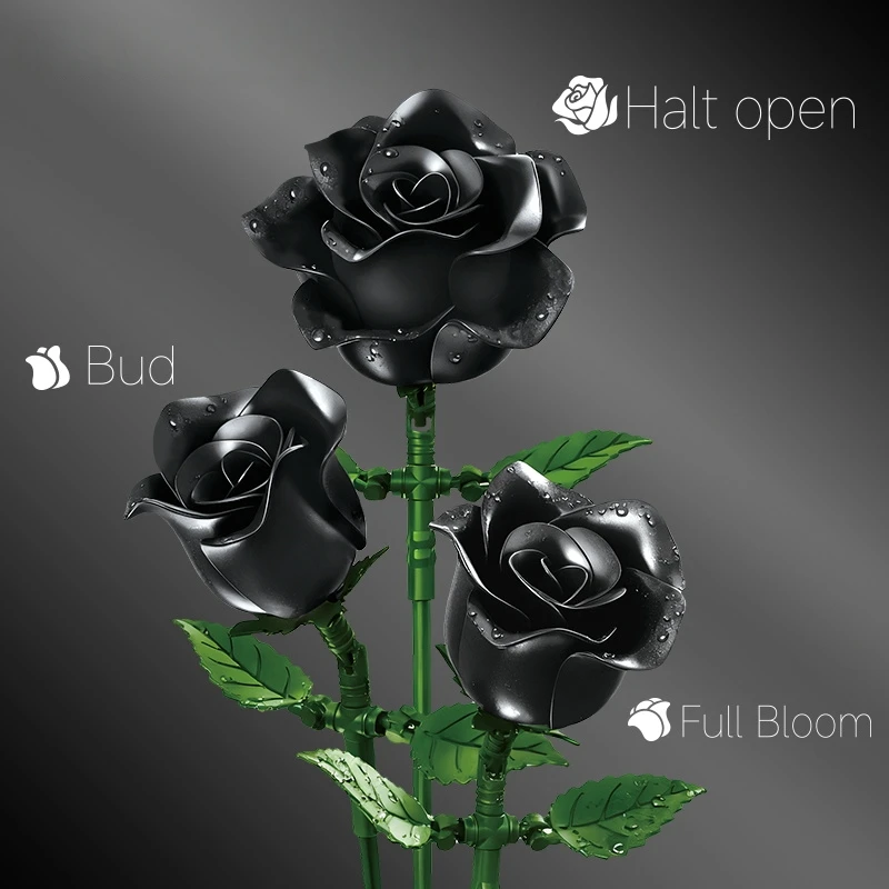 Conjunto de blocos de construção de flores preservadas em rosa rosa e preta, ornamento de modelo de mesa criativo, adequado para presentes e coleção.