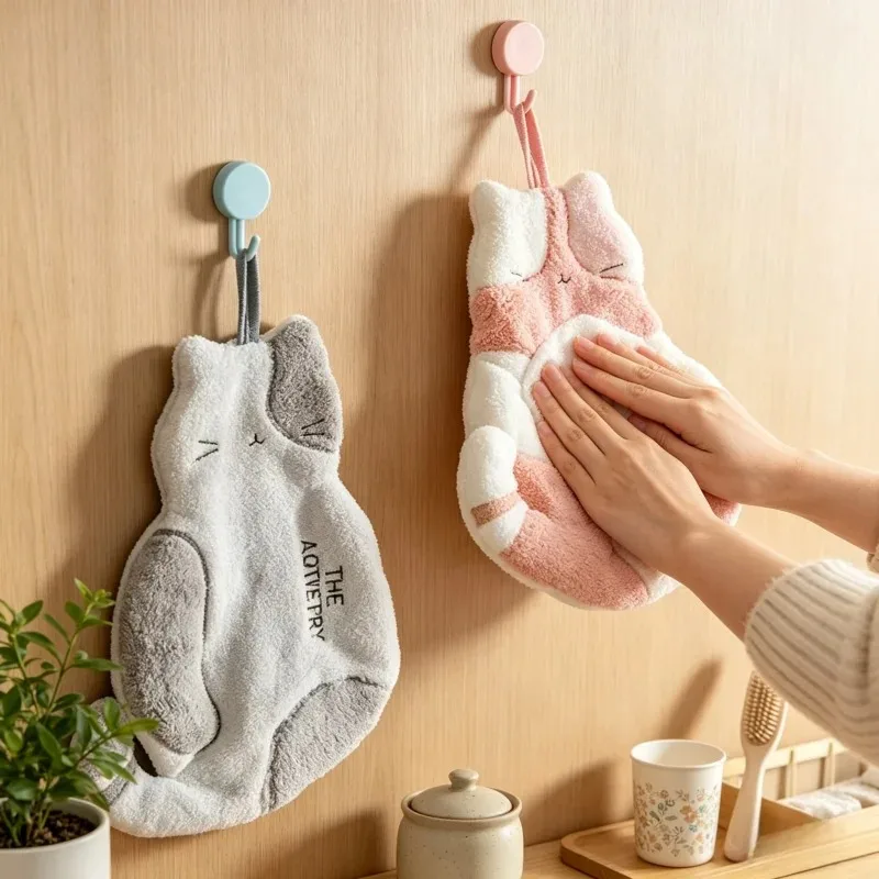 TILONDEX 1Pcs Cute Cat Kitchen Hand Towel Soft Absorbent Bathroom Hanging Towel Cartoon Kids Wipe Handkerchief