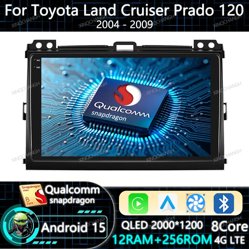 Android 15 Car Radio Carplay Auto For Toyota Land Cruiser Prado 120 2004 - 2009 Navigation QLED 2DIN 4G LTE 5G WIFI Qualcomm BT
