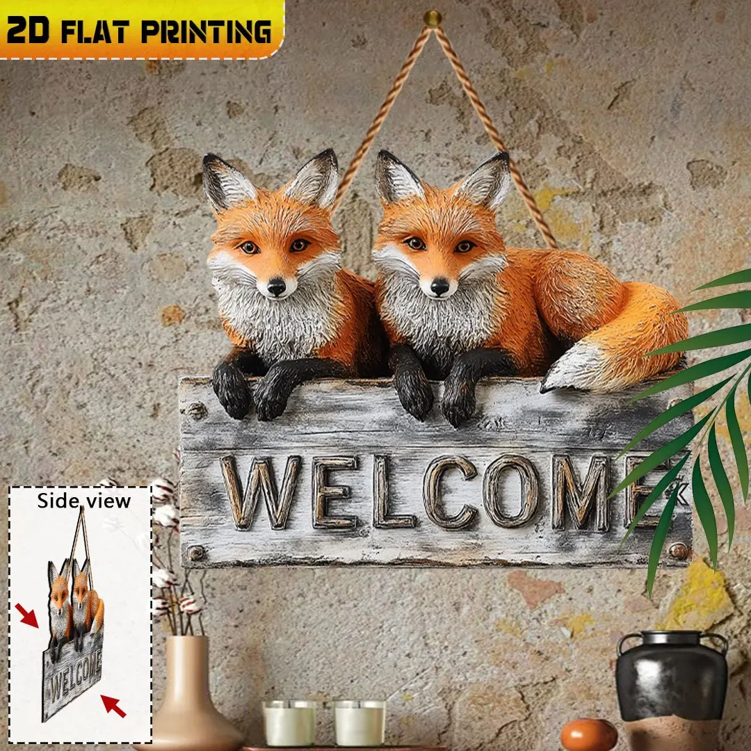 2D Flat, Single Piece, Wooden Plaque, Two Foxes Welcome Sign,  Indoor Decoration, Birthday Gift, Gift for Nature Lovers