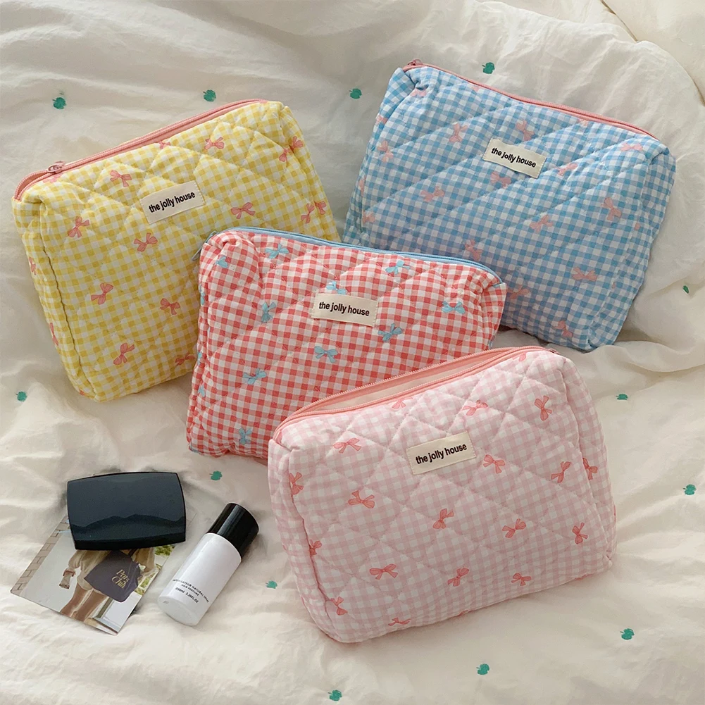 Checkered Cute Bow Makeup Bag Cotton Quilted Cosmetic Bag with Zipper Travel Makeup Pouch Toiletry Bag for Women