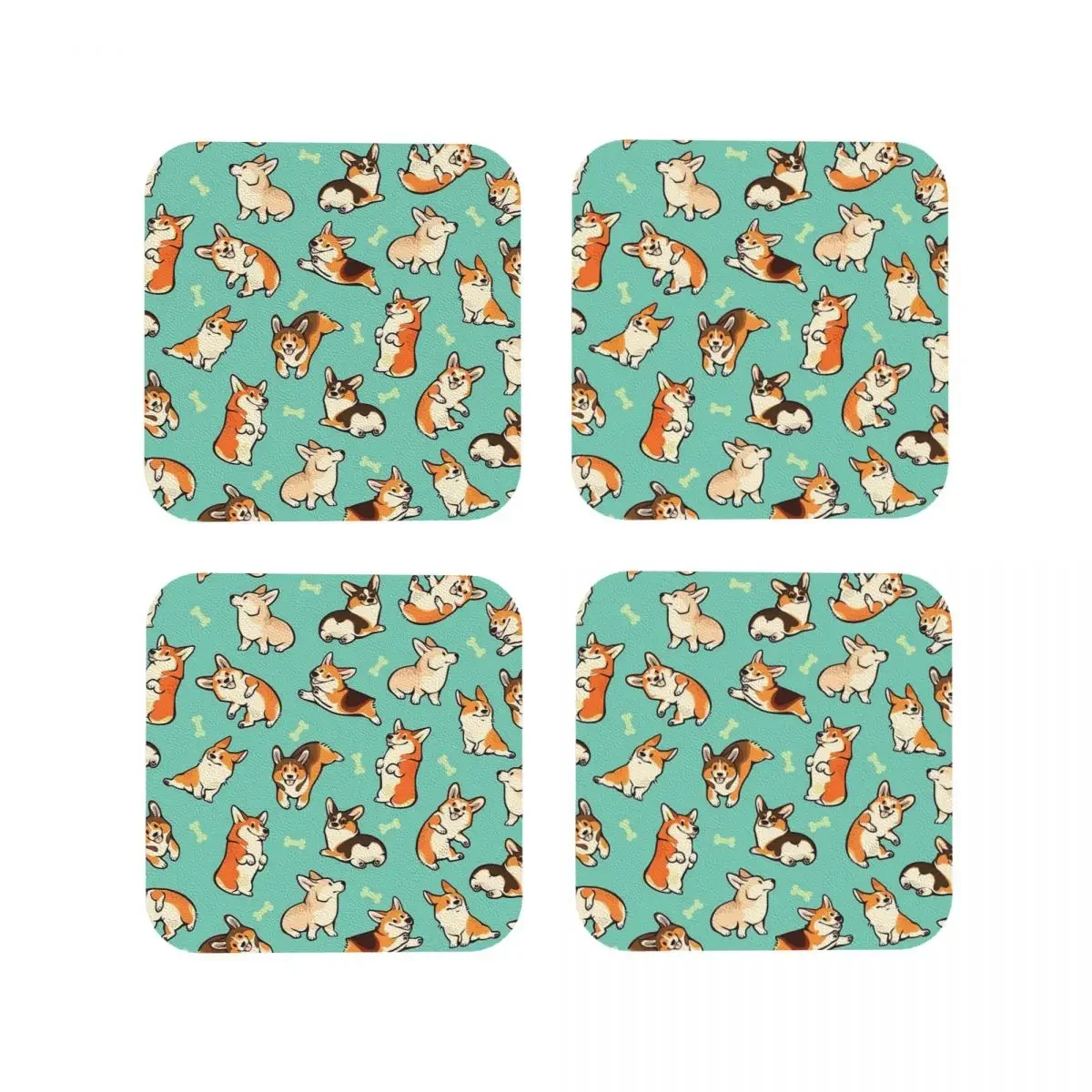 Jolly Corgis In Green Coasters Coffee Mats Set of 4 Placemats Mug Tableware Decoration & Accessories Pads for Home Kitchen Bar