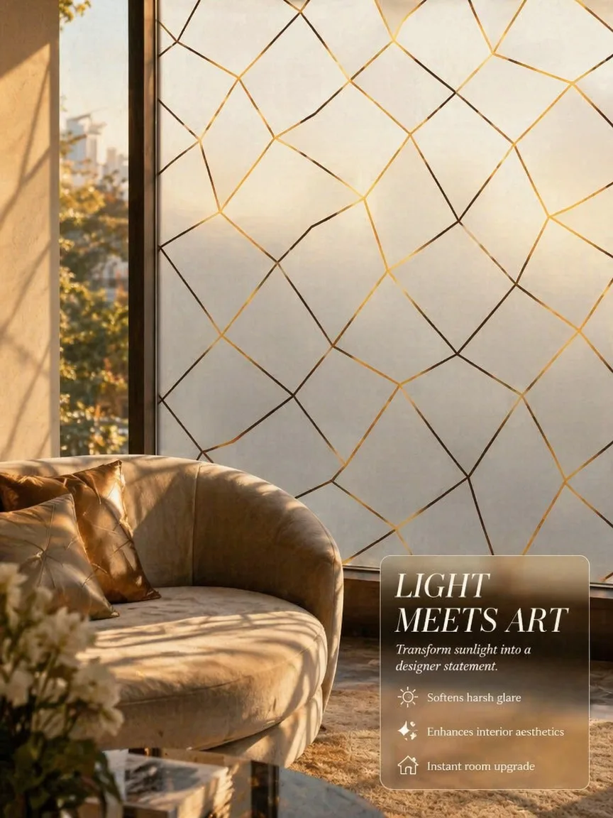 Gold Line Irregular Pattern Frosted Privacy Window Film Translucent Static Cling Removable UV Protection for Bathroom Glass Door