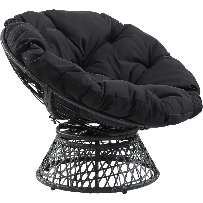 

OSP Home Furnishings Wicker Papasan Chair with 360-Degree Swivel, Grey Frame with Black Cushion