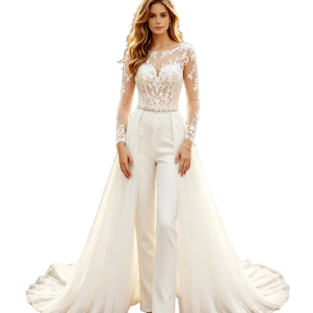 Long Sleeve Lace Jumpsuit Wedding Dress Illusion Boat Neck Beaded Waist Tulle Overskirt Bridal Pantsuit Bohemian Civil Beach
