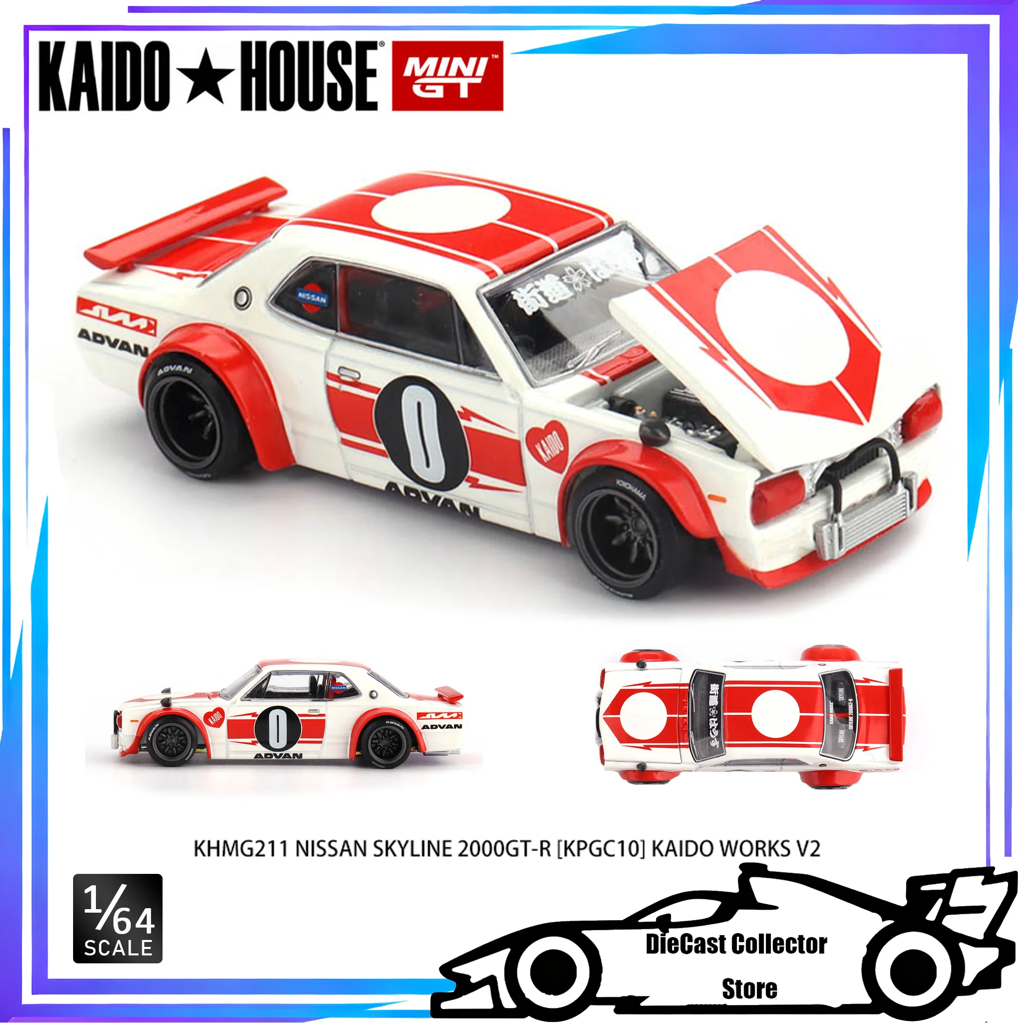 Kaido House + MINI GT 1/64 Nissan Skyline 2000GT-R (KPGC10) Kaido Works V2 غطاء محرك السيارة يمكن فتحه سبيكة نموذج سيارة هدية #1
