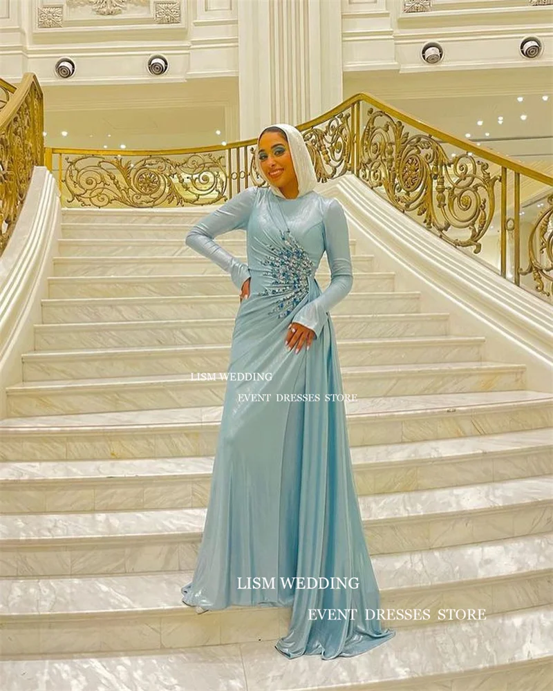 LISM Light Green Muslim Evening Dress Saudi Arabia Mermaid Sequin Prom Gown Long Sleeve Formal Occasion Party Dresses