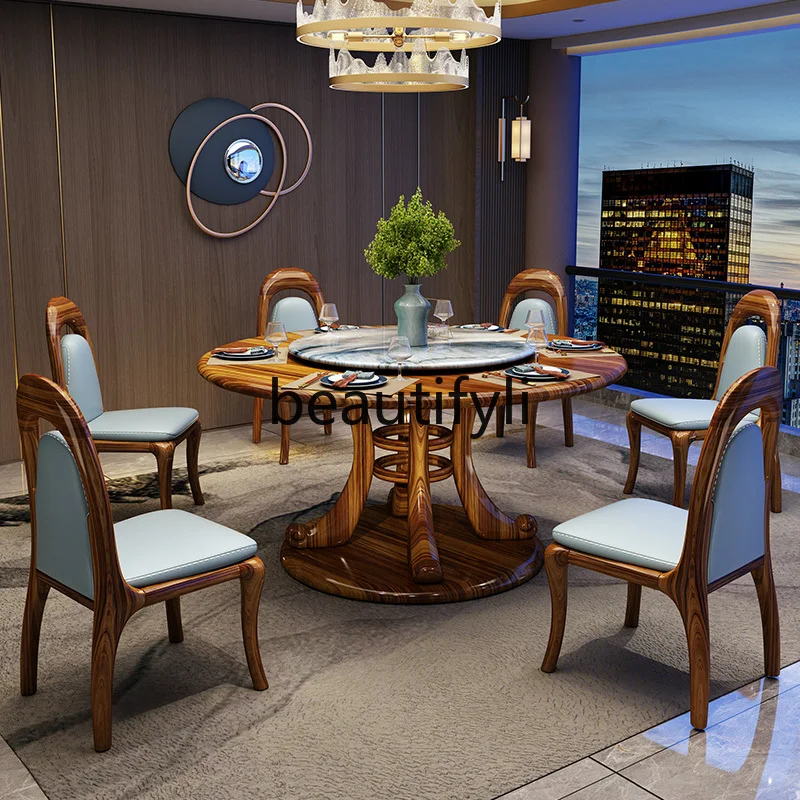 Round table American villa European natural marble household dining table hot pot dining table and chair combination