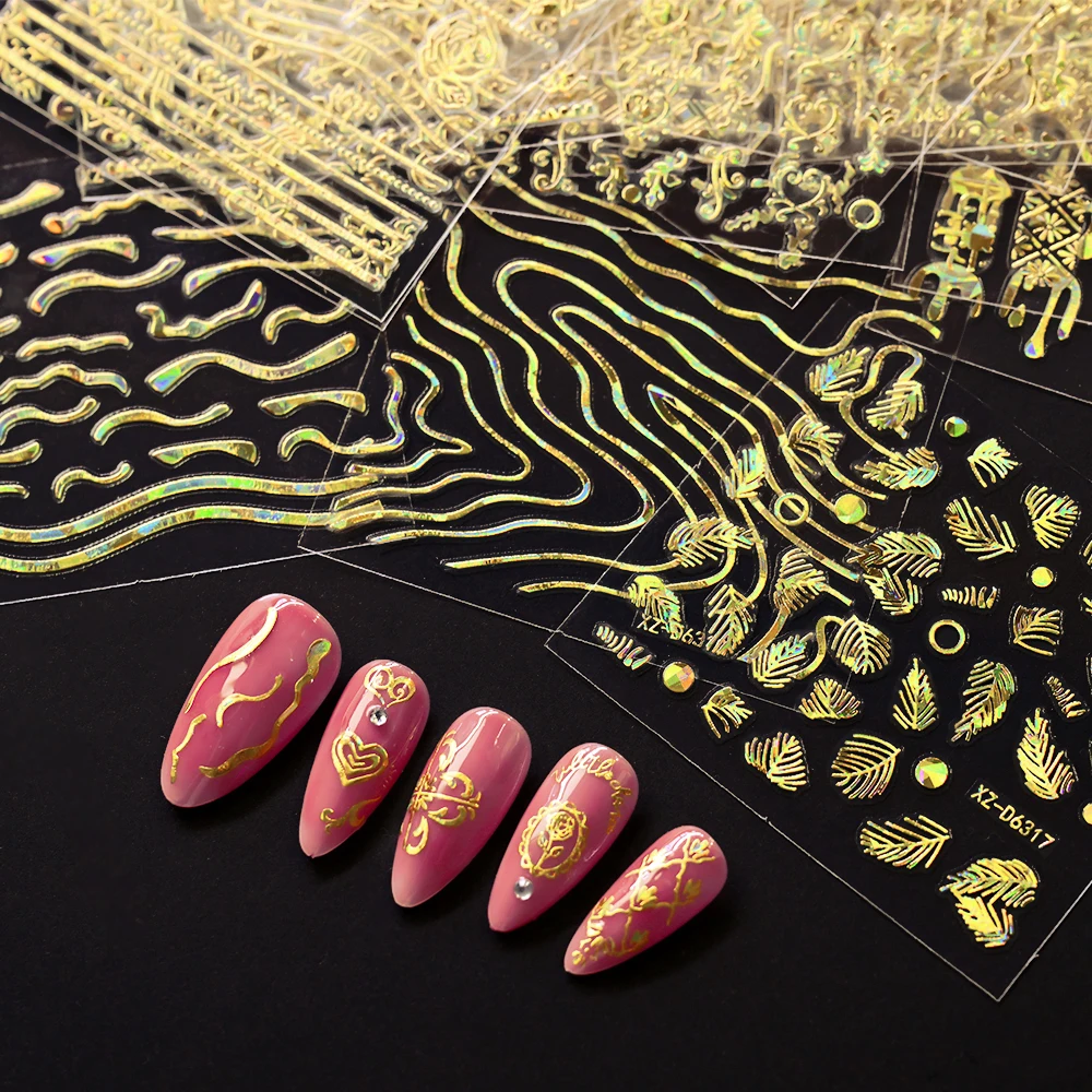 30pcs Laser Gold 3D Nail Art Stickers River Lines Leaves/flowers