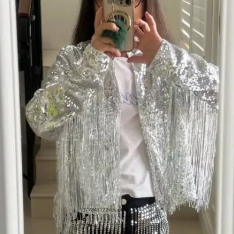 한국 스타일 재즈 댄스 의상 스팽글 짧은 재킷 긴팔 세련된 술 디자인 루즈 탑 댄스 공연 슈트 se