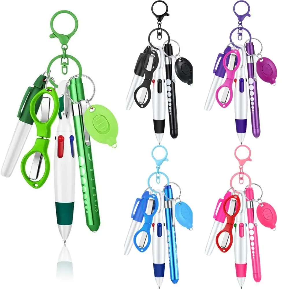 6-in-1 Multifunction Retractable Ball Pen Set Badge Clip Flashlight Foldable Badge Reel Keychain Doctore Nurse Permanent Marker