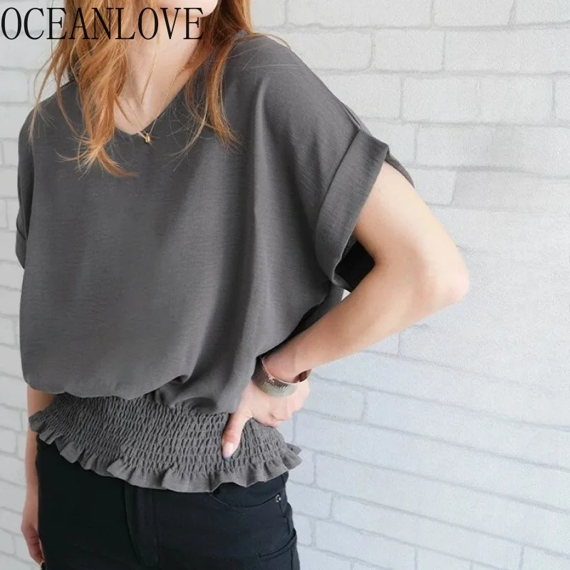 

OCEANLOVE Blouses V Neck Spring Summer Solid Japanese Style Elegant Women Shirts Fashion Casual Loose Ruffles Blusas Mujer