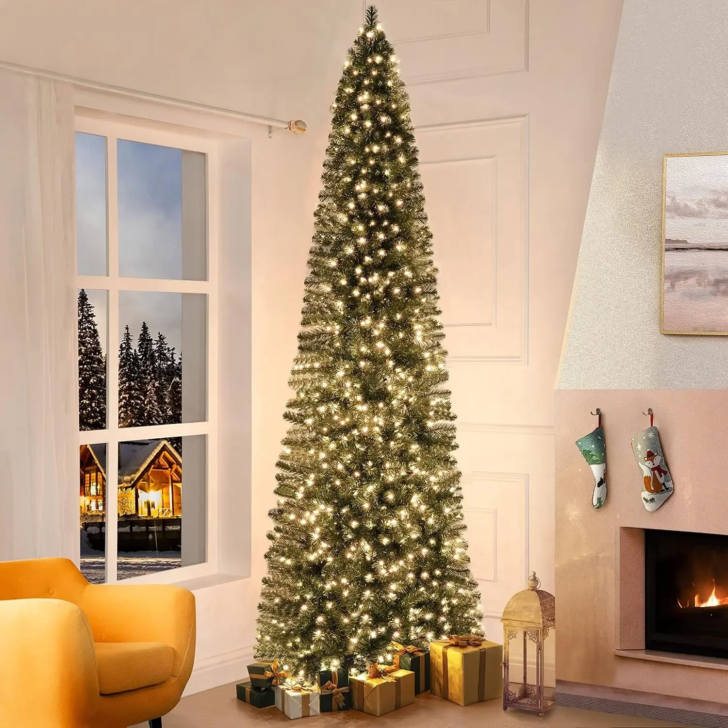 9ft Prelit Slim Artificial Christmas Tree with 1455 Branch Tips, 500 Warm Lights and Metal Stand, 37